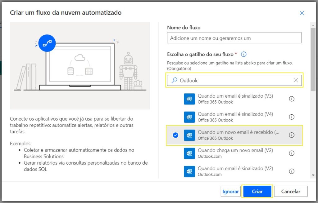 Busque pelo conector Outlook