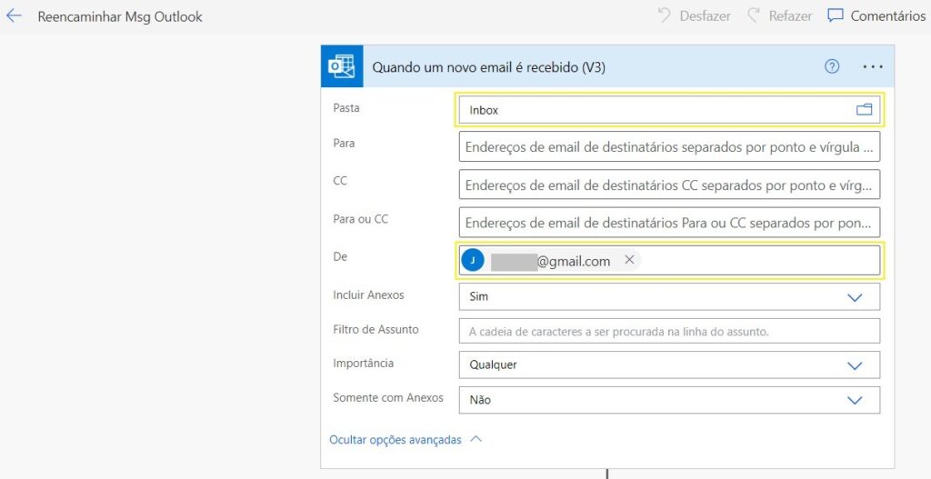 Definir a origem e e-mail de destino