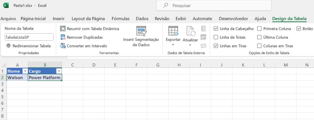 Excel formatado como Tabela