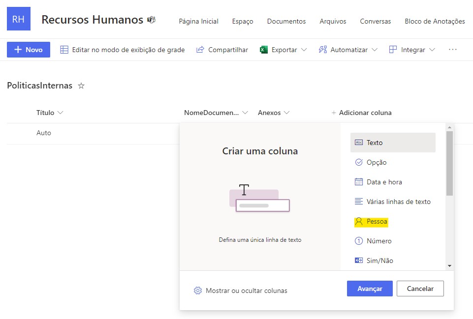 Coluna tipo pessoa